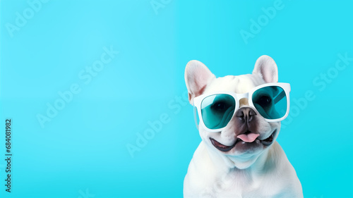 Funny pug dog wearing sunglasses on blue background, space for text or wording © SongMin