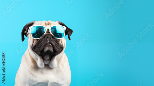 Funny pug dog wearing sunglasses on blue background, space for text or wording photo