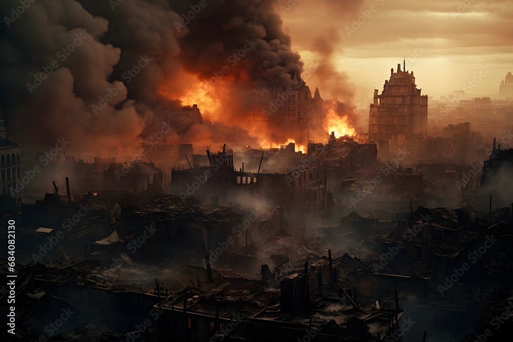 Apocalyptic Cityscape with Billowing Smoke and Flames in the Distance Generative AI