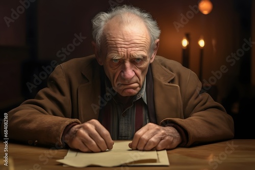 Thoughtful Senior Man Concentrating While Writing on Paper at Wooden Table in Cozy Home Office Generative AI © riya