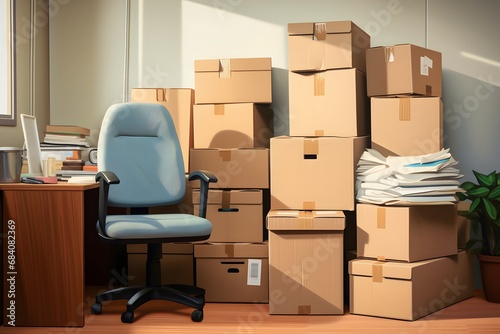 Neatly Stacked Cardboard Boxes in Modern Office Space with Natural Light and Minimalist Decor Generative AI © riya