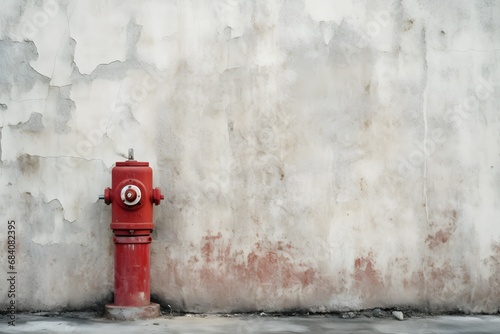 Vibrant Red Fire Hydrant Standing Out Against Weathered White Wall with Peeling Paint Generative AI