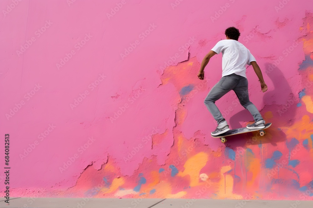 Skilled skateboarder in white shirt and grey pants performing impressive trick on board in urban setting Generative AI