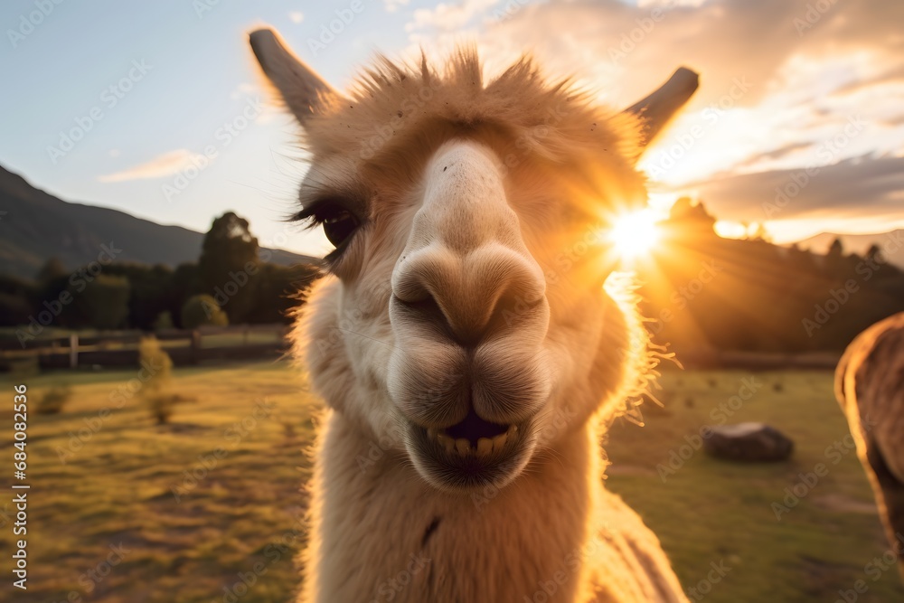 Curious Llama Staring Directly at the Camera with a Playful Expression on its Face in a Green Field Generative AI
