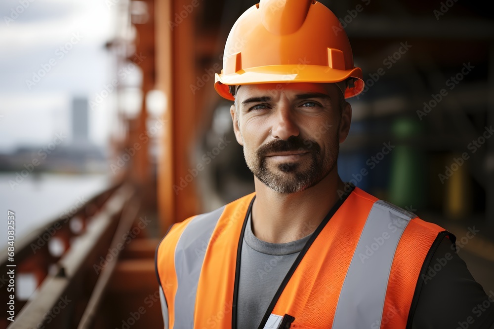 Confident Construction Worker Wearing Orange Safety Vest and Hard Hat on Job Site Generative AI Confident Construction Worker Wearing Orange Safety Vest and Hard Hat on Job Site Generative AI