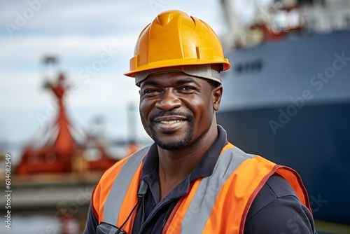 Confident worker in orange safety vest and hard hat standing proudly in front of a massive ship at the harbor. Generative AI