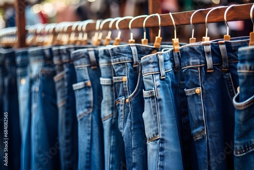 Variety of Stylish Denim Jeans Hanging on Clothing Rack in Fashion Store Display Generative AI