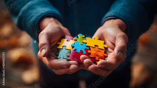 Frustrated Person Holding a Puzzle Piece with Many Missing Pieces on a Wooden Table Generative AI photo