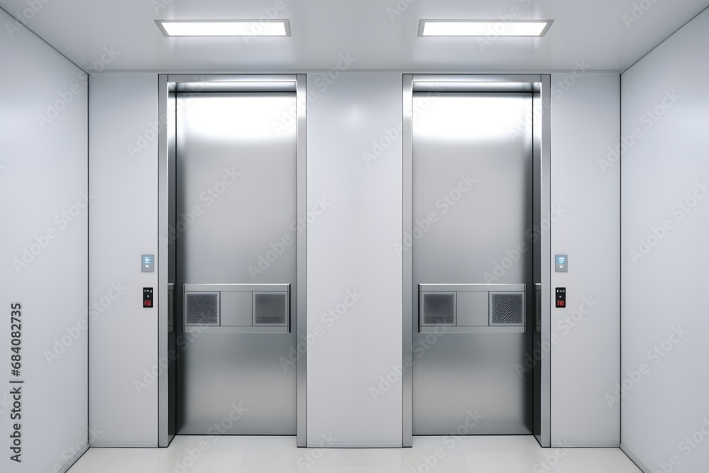 Modern Silver Elevators in Bright White Room with Illuminated Ceiling Lights Generative AI Modern Silver Elevators in Bright White Room with Illuminated Ceiling Lights Generative AI