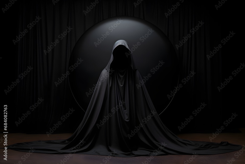 Mysterious Woman in Black Cloak and Dress Standing in the Forest at Night with a Full Moon in the Background Generative AI