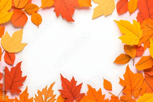Autumnal Border of Orange and Yellow Leaves on White Background Generative AI