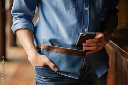 Confident young man in blue shirt casually holding smartphone in pocket while standing against brick wall background. Generative AI