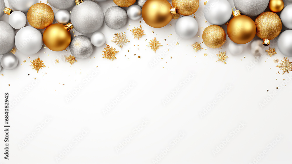 White frame background with gold and silver decorations. Minimalist and monochromatic White frame background with gold and silver decorations. Minimalist and monochromatic