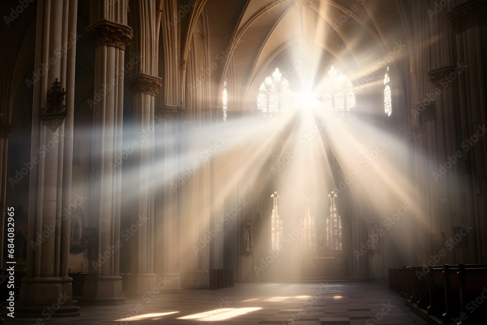 Radiant Beams of Sunlight Illuminate the Majestic Interior of a Grand Cathedral Generative AI - obrazy, fototapety, plakaty 