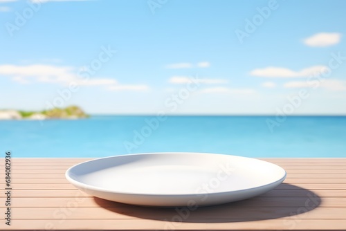 Serene Coastal Dining White Plate on Wooden Table with Ocean View Generative AI