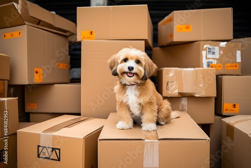Adorable Dog Sitting on Cardboard Box Surrounded by Piles of Boxes in a Cluttered Room Generative AI © riya