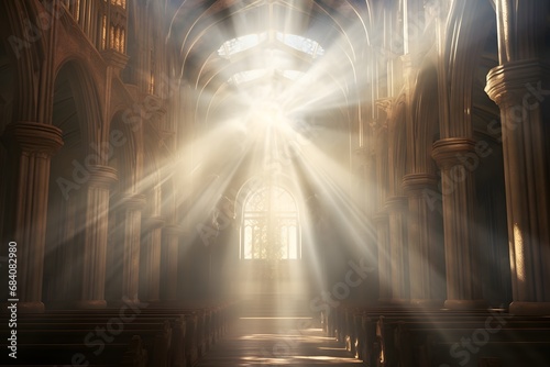 Serene Illumination Sunlight Beaming Through Cathedral Windows onto Empty Pews Generative AI