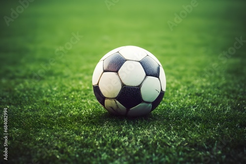 Close-up of a Soccer Ball on a Lush Green Field with Blades of Grass in Focus Generative AI © riya