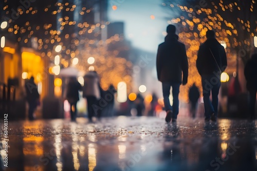 Nighttime Stroll Pedestrians Walking Along a Rainy City Street Illuminated by Glowing Lights Generative AI