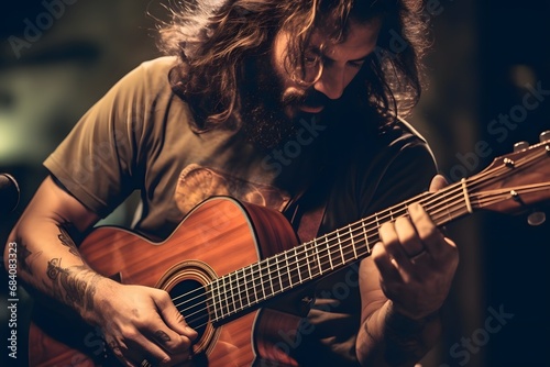 Passionate musician with flowing locks strums guitar in dimly lit space for soulful performance Generative AI