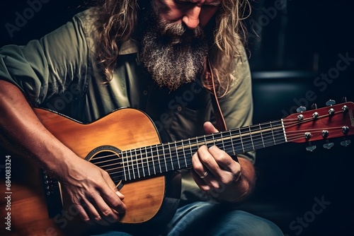 Bearded Musician Strumming Acoustic Guitar with Passion and Soul in Outdoor Setting with Sun Flare and Lens Flare Effects. Generative AI