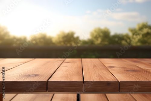 Rustic Wooden Table Surrounded by Lush Greenery in a Serene Outdoor Setting Generative AI