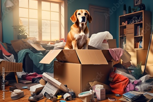 Adorable Dog Relaxing in a Cluttered Room Surrounded by Toys and Boxes Generative AI photo