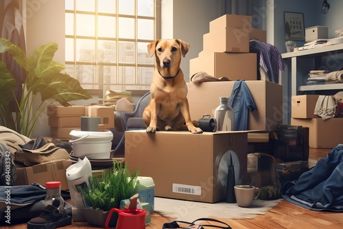 Adorable Canine Companion Relaxing on Cardboard Box in Cozy Indoor Setting Generative AI