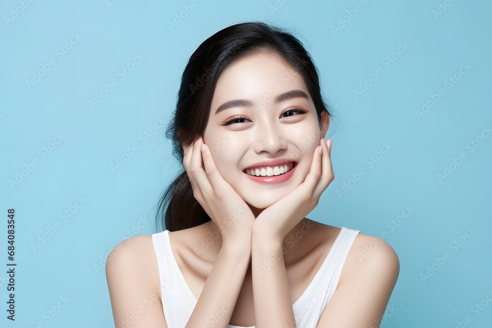 Happy woman with a contented smile, resting her hands on her face and chin in a relaxed pose. Generative AI Happy woman with a contented smile, resting her hands on her face and chin in a relaxed pose. Generative AI