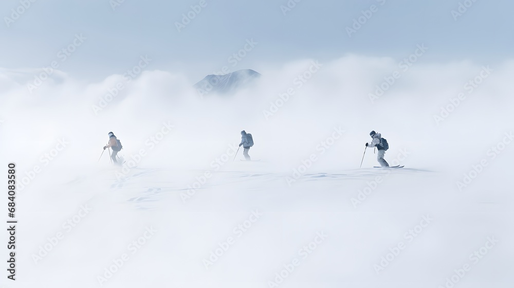 Group of Skiers Hiking Up Snowy Hill in Winter Wonderland Landscape with Snow-Covered Trees and Blue Sky Generative AI Group of Skiers Hiking Up Snowy Hill in Winter Wonderland Landscape with Snow-Covered Trees and Blue Sky Generative AI