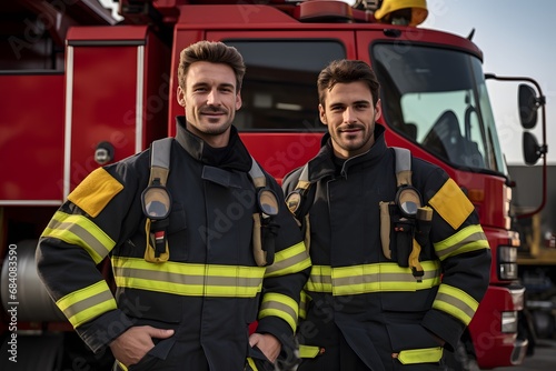 Two Firefighters in Uniform Standing Proudly in Front of Their Fire Truck Parked in a Lot on a Sunny Day Generative AI