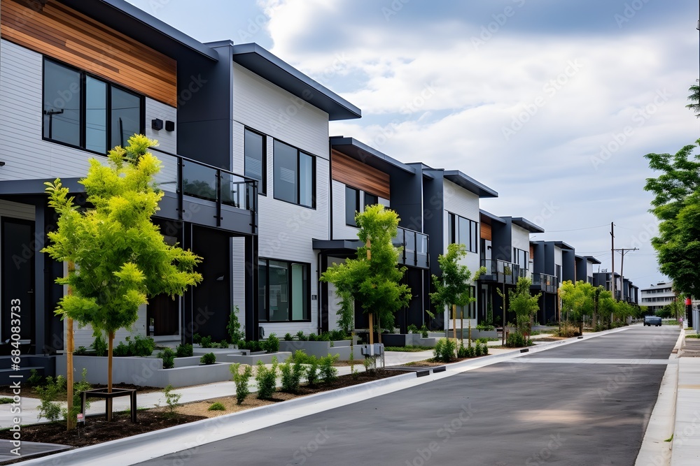 Beautifully Landscaped Modern Townhouses with Lush Trees and Shrubs in Front Generative AI Beautifully Landscaped Modern Townhouses with Lush Trees and Shrubs in Front Generative AI