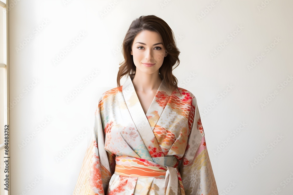 Serene young woman in traditional Japanese kimono standing gracefully by the window with a peaceful expression. Generative AI