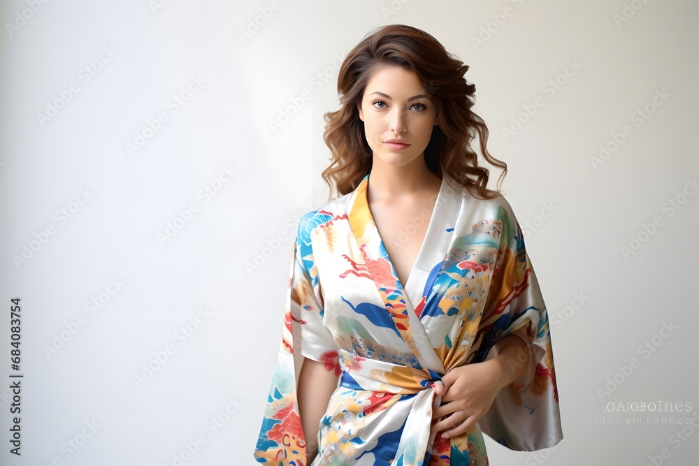 Serene young woman wearing a traditional kimono standing gracefully against a blank white wall. Generative AI Serene young woman wearing a traditional kimono standing gracefully against a blank white wall. Generative AI