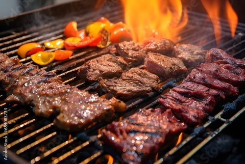 Grilled Steaks and Peppers Sizzling on the BBQ for a Delicious Summer Meal Generative AI