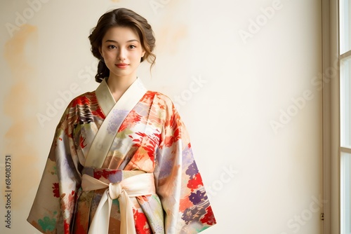 Serene woman in traditional Japanese kimono standing gracefully by the window with a peaceful expression. Generative AI