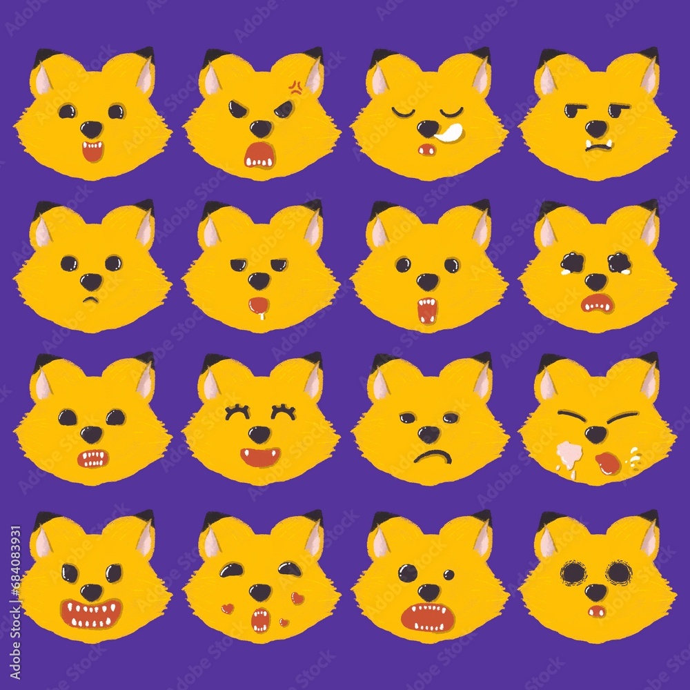 Collection of fox emoji faces with different mood. Set of cartoon emoji fox characters designs.