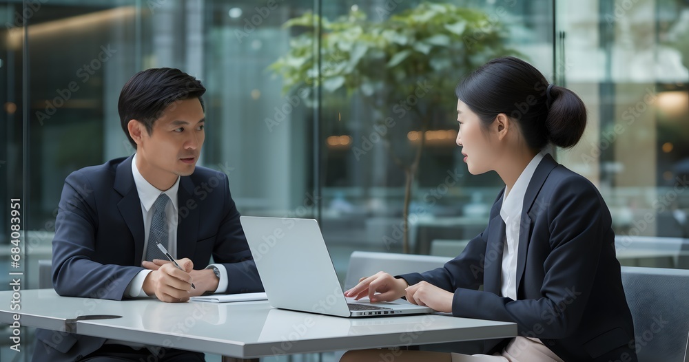 Business partners discussing project over coffee and laptop at table in modern office Generative AI Business partners discussing project over coffee and laptop at table in modern office Generative AI