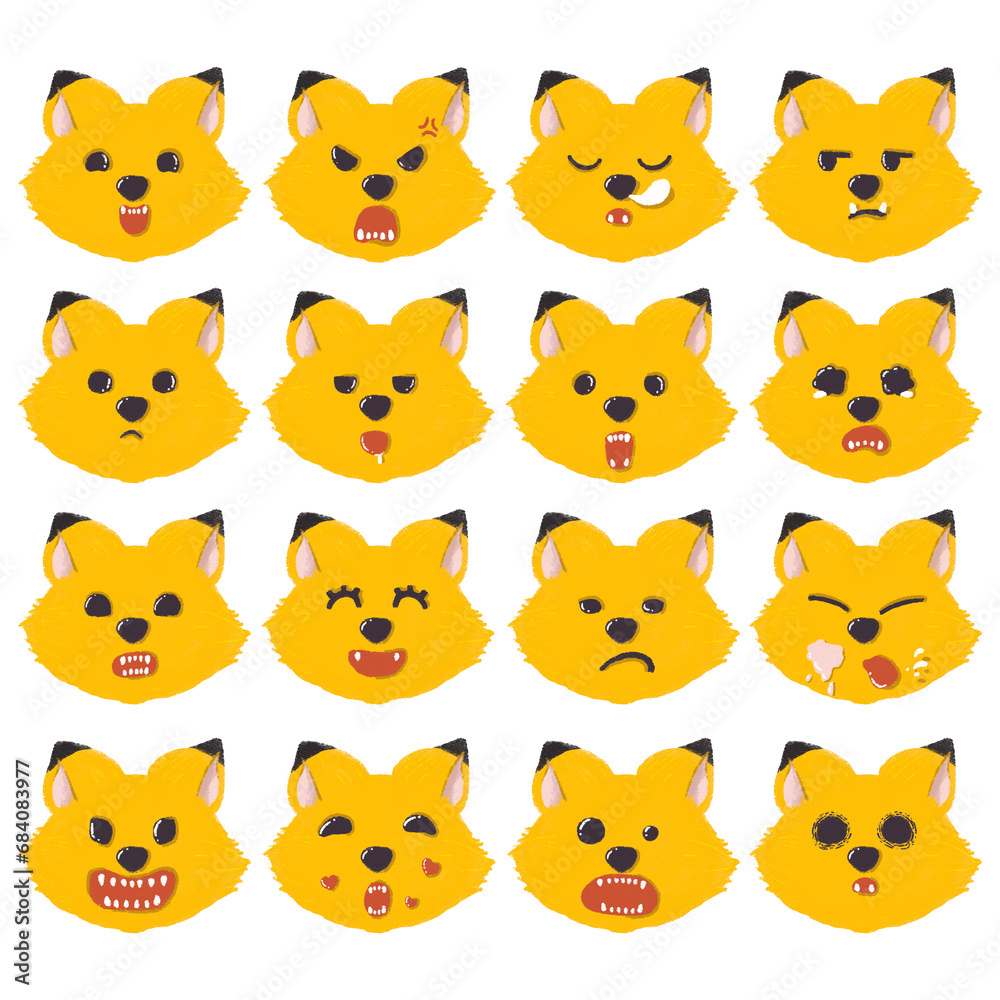 Collection of fox emoji faces with different mood. Set of cartoon emoji fox characters designs.