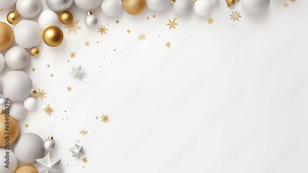 White frame background with gold and silver decorations. Minimalist and monochromatic White frame background with gold and silver decorations. Minimalist and monochromatic