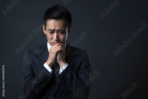 Thoughtful Asian Businessman in Suit Pondering with Hands on Chin in Office Setting Generative AI