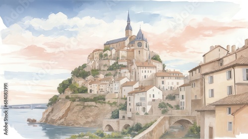 水彩画背景_世界旅行_フランス_中世の街並み_04 photo