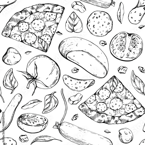 Hand drawn vector ink illustration. Pepperoni pizza slice with toppings, Italian cuisine meal. Seamless pattern isolated on white. Design for restaurant menu, cafe, food shop or package, flyer, print.