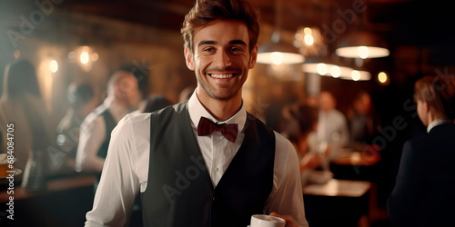 Handsome smiling waiter serving coffee to customers . Generative AI