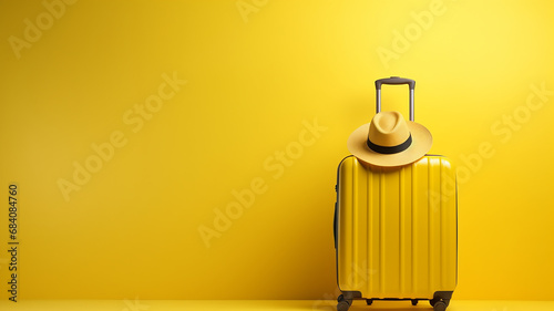 Yellow luggage and hat travel concept background copy space. 3D rendering. Travel concept