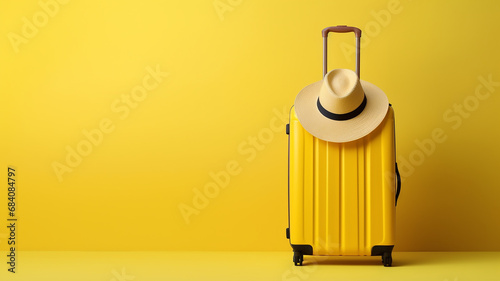Yellow luggage and hat travel concept background copy space. 3D rendering. Travel concept