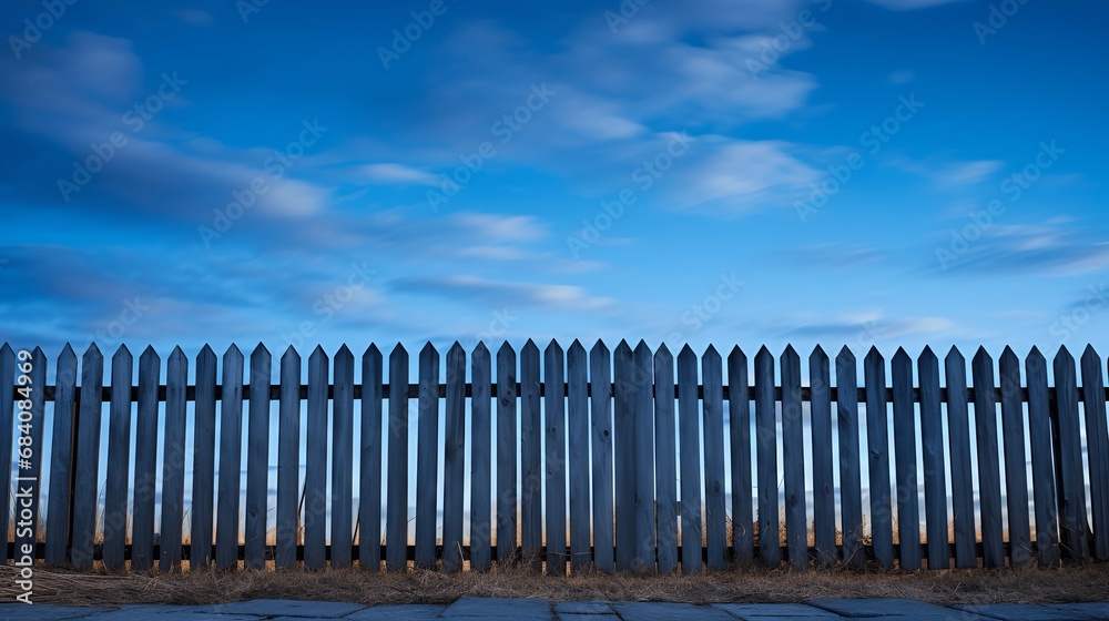 Black wooden fence with one contrast desk a dark blue sky in the background. Generative AI.