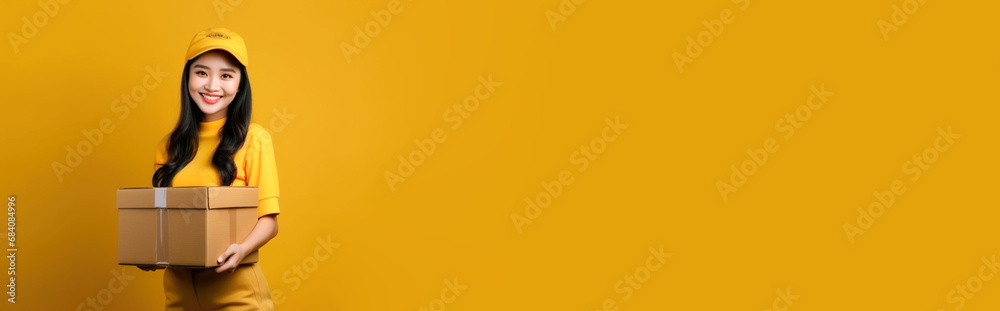 Shipment advertisement concept. Banner of young friendly smiling welcoming Asian delivery courier female woman, studio background holding box. Postwoman courier with package. Copy paste place for text Shipment advertisement concept. Banner of young friendly smiling welcoming Asian delivery courier female woman, studio background holding box. Postwoman courier with package. Copy paste place for text