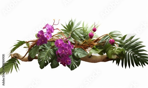 Tropical vibes plant bush floral arrangement with tropical leaves Monstera and fern and Vanda orchids tropical flower decor on tree branch liana vine plant, Generative AI 