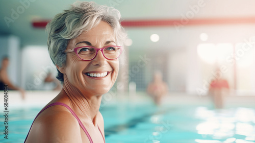 Middle-aged woman on swimming pool, practicing aqua fitness or training session of aqua aerobics. © lelechka